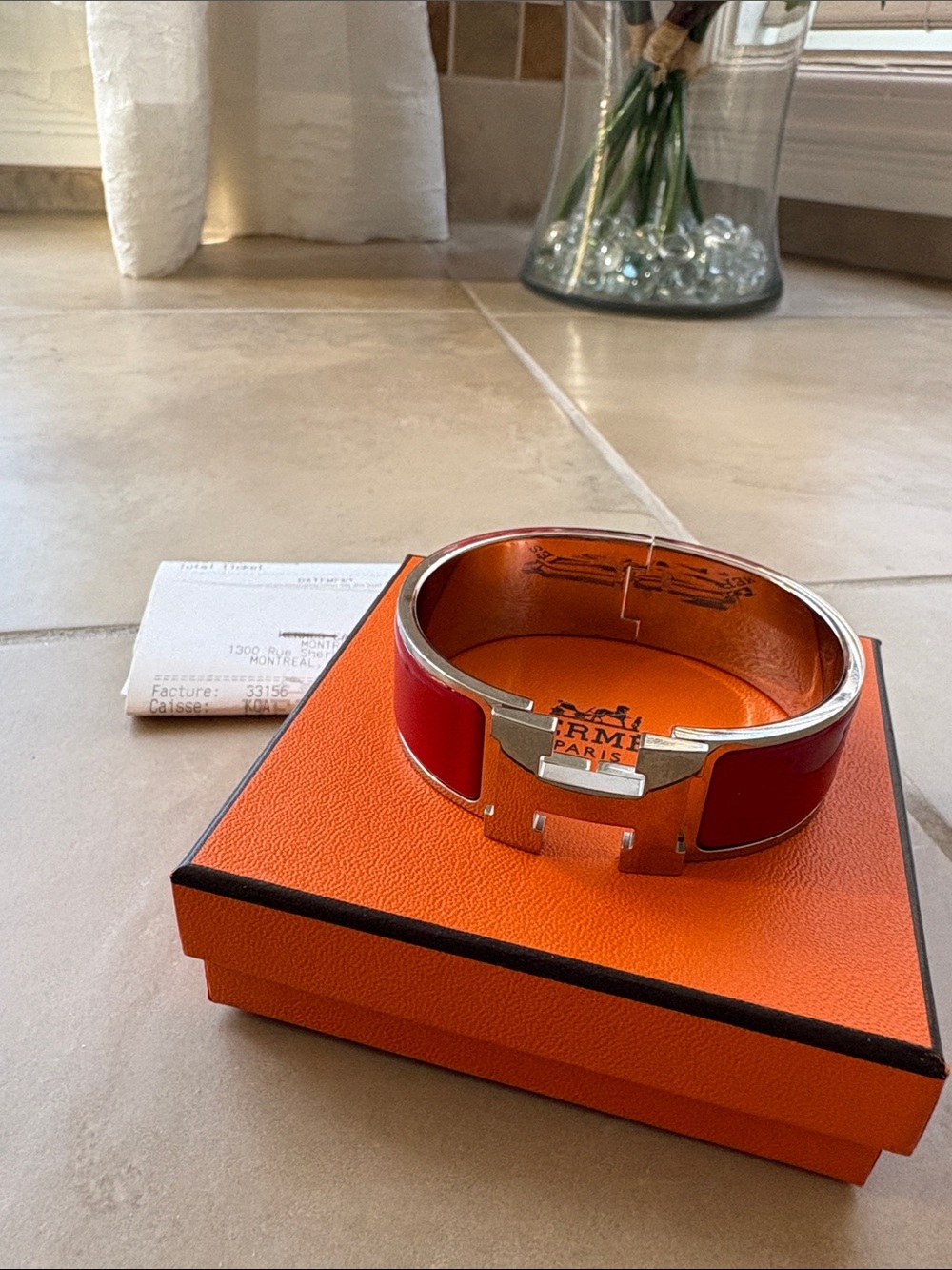 Hermes Red Enamel Clic H Bracelet with Silver Hardware